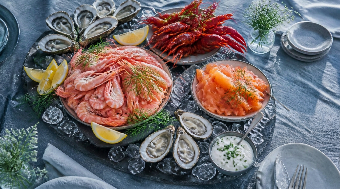 Cateringfat med räkor, ostron, kräftor och gravad lax på is – catering i Stockholm