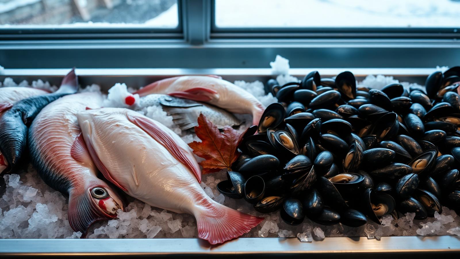 Färsk höstfisk och blåmusslor på is i fiskdisk